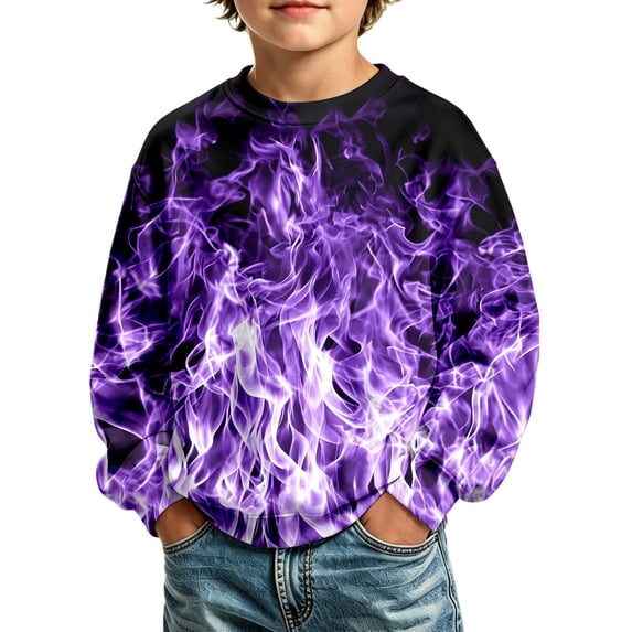 Boys Crew Neck Printed Sweatshirt Cool Graphic Long Sleeve Pullover No Hood Casual Sport Sweat Top for Kids School Outdoor Autumn Winter Daily Wear(Purple,11-12 Years)