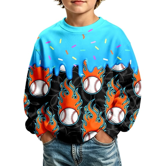 Boys Crew Neck Printed Sweatshirt Cool Graphic Long Sleeve Pullover No Hood Casual Sport Sweat Top for Kids School Outdoor Autumn Winter Daily Wear(Sky Blue,7-8 Years)