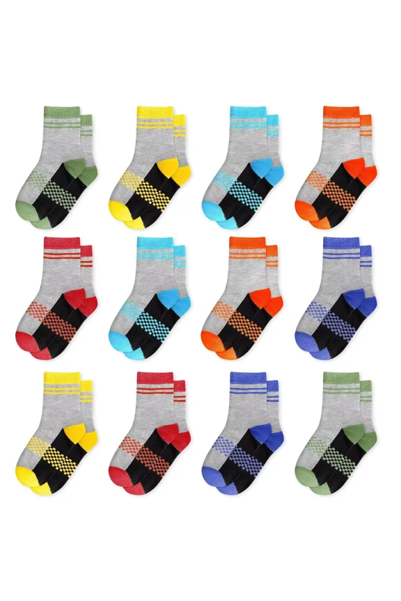 Boys Crew Socks Novelty Plaid Kids Multiple Colour Elastic Mid Cut Toddler Socks Fashion Casual Breathable Boy Sport Socks 12 Pairs for 2-14 Years Children