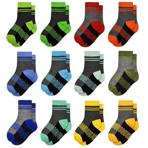 Boys Crew Socks Novelty Plaid Kids Multiple Colour Elastic Mid Cut Toddler Socks Fashion Casual Breathable Boy Sport Socks 12 Pairs for 2-14 Years Children