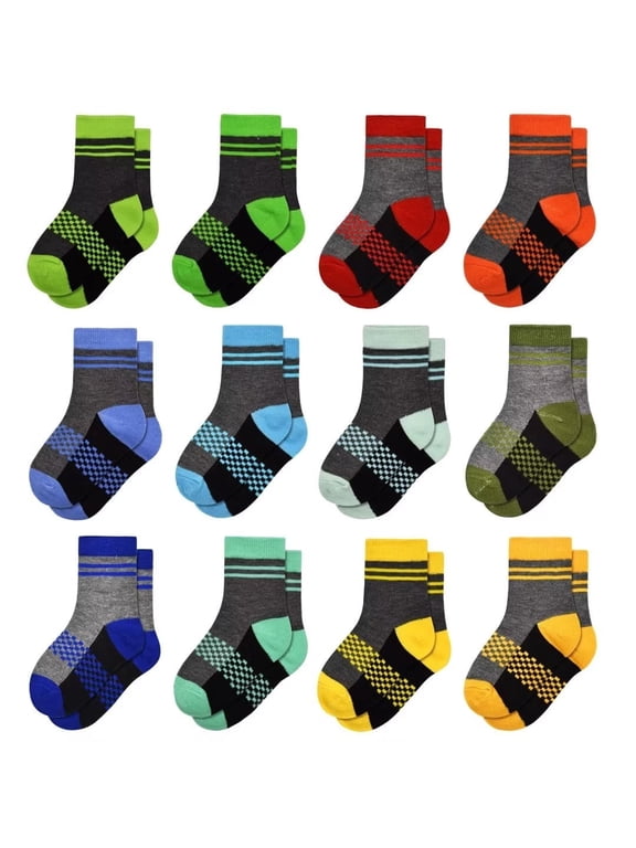 Boys Crew Socks Novelty Plaid Kids Multiple Colour Elastic Mid Cut Toddler Socks Fashion Casual Breathable Boy Sport Socks 12 Pairs for 2-14 Years Children