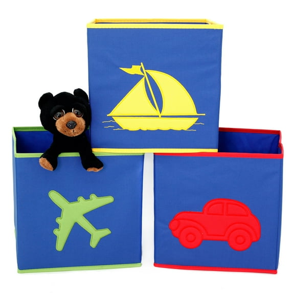 Boys Cube Bin Set in Car Airplane Boat Design in Blue - 3 Pieces