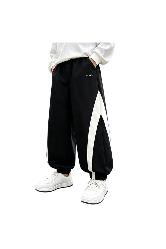 Boys Cuffed Ankle Baggy Color Block Joggers - Elastic Waist Outdoor Running Track Cargo Pants for Walking Climbing Jumping Hip Hop Pants Streetwear Black 130(130)