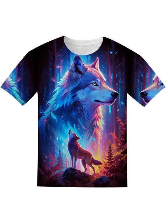 Boys Cute Casual Funny 3D Printed Short Sleeve T-Shirt, Colorful Wolf Graphic Crew Neck Tee, Cool Animal Print Summer Top for Kids(Blue,12-13 Years)