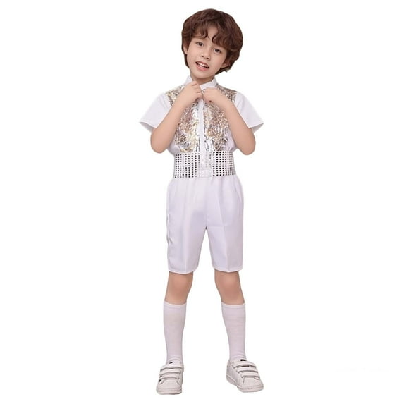 Boys Dance Sequin Dance Short Sleeve Top and Pants Outfit Set Dance Jazz Stage Performance Outerwear 9-10 Years