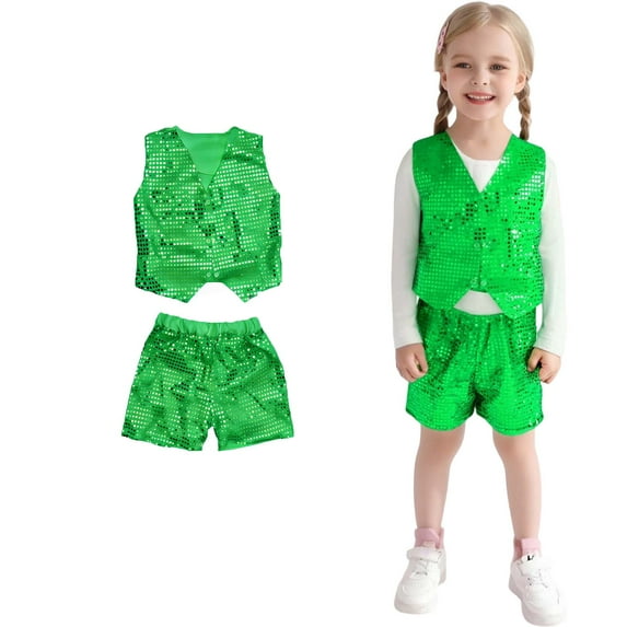 Boys Dance Sequin Green Dance Sleeveless Button Vest and Pants Set Dance Outfit Stage Performance Outerwear 8-9 Years