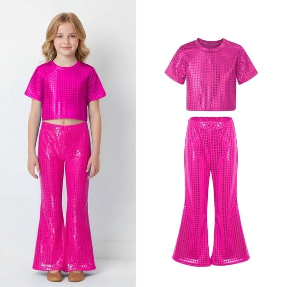 Boys Dance Sequin Pink Dance Short Sleeve Top and Flared Pants Two Piece Set Dance Outfits for Girls Performance Dancewear 8-9 Years