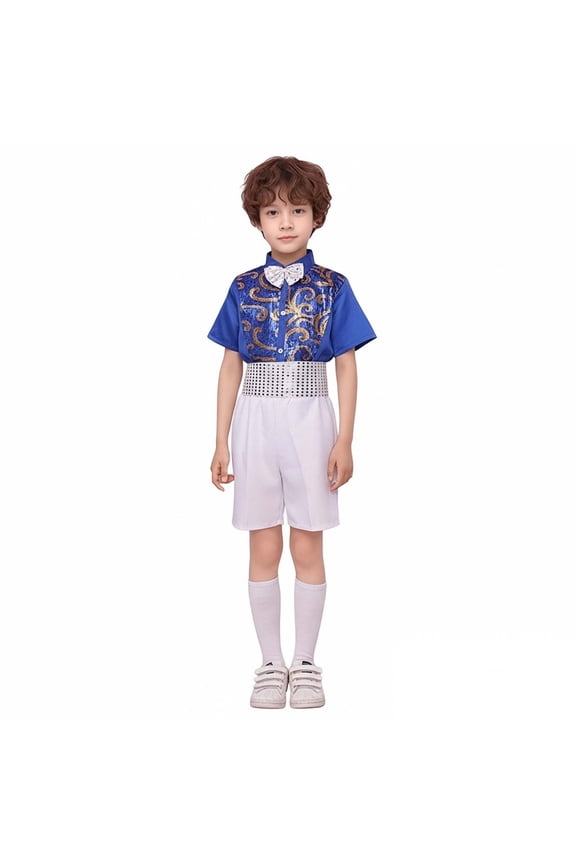 Boys Dance Sequin Dance Short Sleeve Top and Pants Set Dance Outfit Street Dance Outerwear 7-8 Years