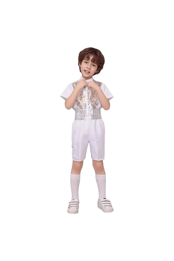 Boys Dance Sequin Dance Short Sleeve Top and Pants Set 90s Clothing for Kids Street Dance Outerwear 5-6 Years