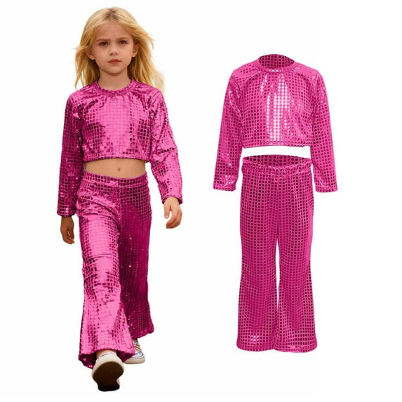 Boys Dance Sequin Pink Dance Long Sleeve Crop Top and Flared Pants Set Hop Outfits for Girls Dance Performance Outerwear