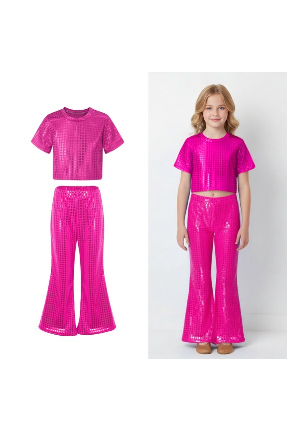 Boys Dance Sequin Pink Dance Short Sleeve Top and Flared Pants Two Piece Outfit Set Dance Outfit Performance Dancewear 8-9 Years