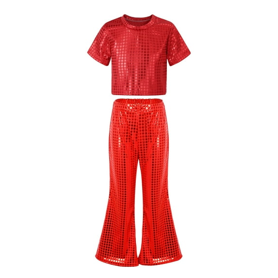 Boys Dance Sequin Red Dance Short Sleeve Top and Flared Pants Two Piece Outfit Set 80s Kids Outfit for Girls Stage Performance Outerwear 4-5 Years