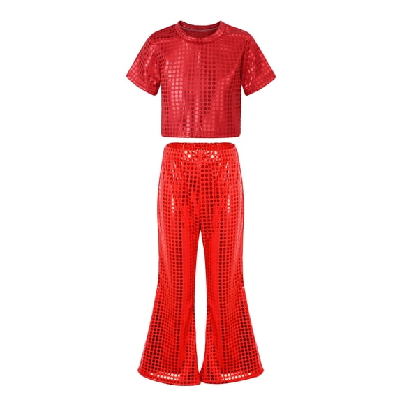 Boys Dance Sequin Red Dance Short Sleeve Top and Flared Pants Two Piece Outfit Set 80s Kids Outfit for Girls Stage Performance Outerwear 4-5 Years