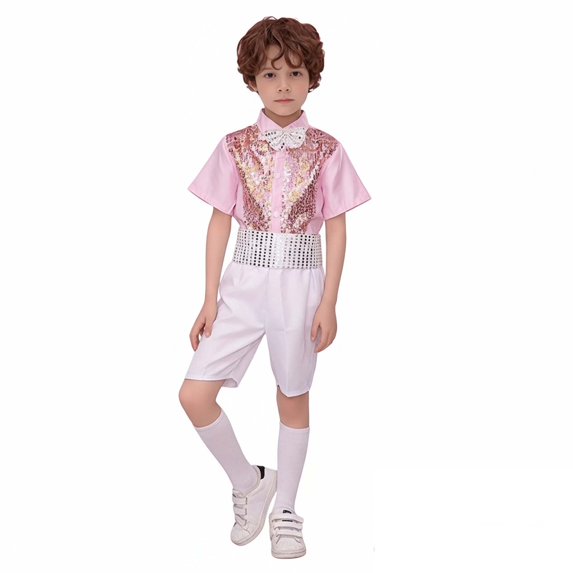 Boys Dance Sparkly Dance Short Sleeve Top and Pants Set Jazz Dance Performance Dancewear 9-10 Years