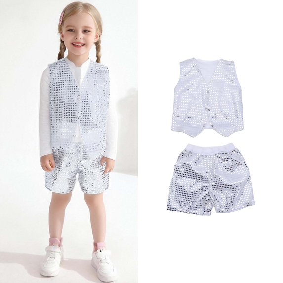 Boys Dance Sparkly Silver Dance Sleeveless Button Vest and Pants Outfit Set Girls 90s Outfit Street Dance Outerwear 4-5 Years