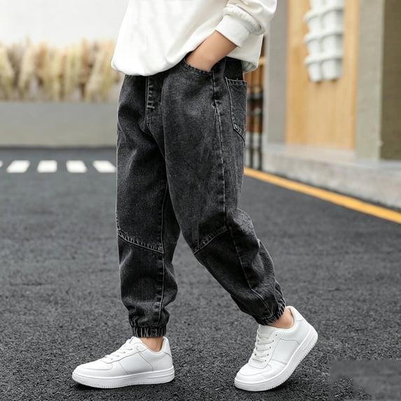 Boys' Denim Jogger Jeans, Solid Color Elastic Waist Cuffed Design, Functional Side Pockets, Loose Fit Daily Wear, Kids 2‑13 Years, Boys' Jeans Black 9-10 Years