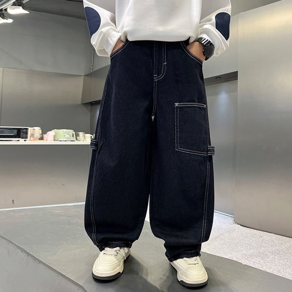 Boys Denim Pants Blue Baggy Cargo Pants Elastic High Waisted Straight with Pocket Loose Fit Pull On Boys Baseball Pants 5-6 Years