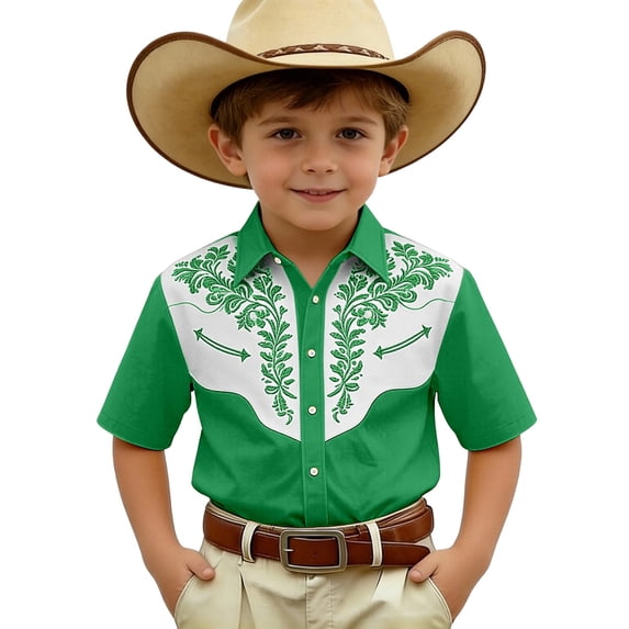 Boys Denim Short Sleeve Shirt for Kids Casual Printed Western Style Top with Button Front Western Embroidery Turn Down Collar Short Sleeve Regular Green 13 Years-14 Years
