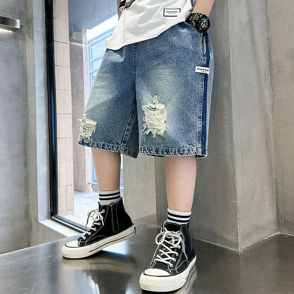 Boys Denim Shorts Slim Fit Elastic Waist Denim Shorts with Pocket Boys Summer Trendy Shorts Teens Shorts for Boys 11-12 Years Boys Clothes