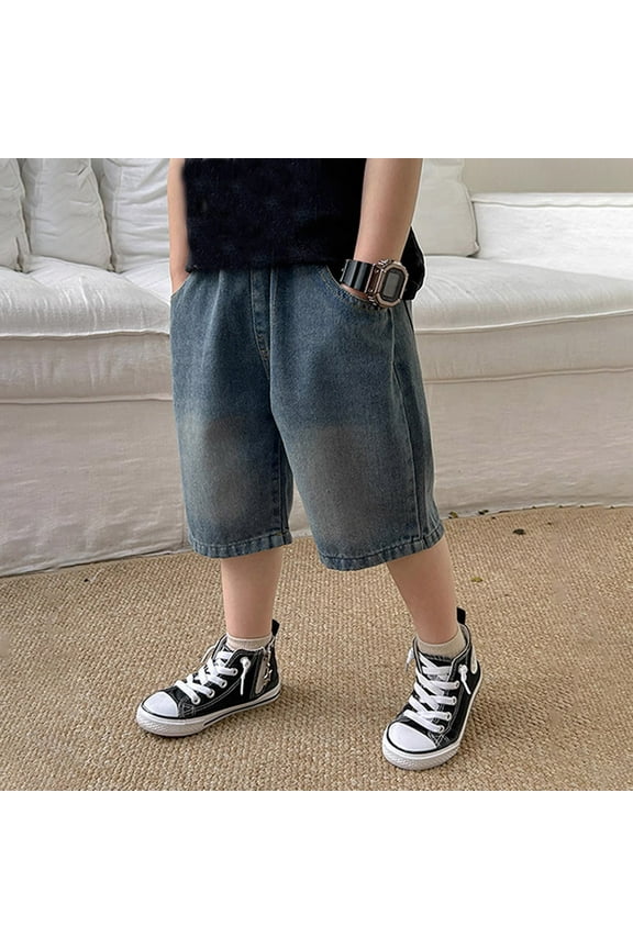 Boys Denim Shorts with Elastic Waist Casual Embroidered 5-Point Jean Pants for Outdoor Activities Comfortable Fit for Ages 3-14