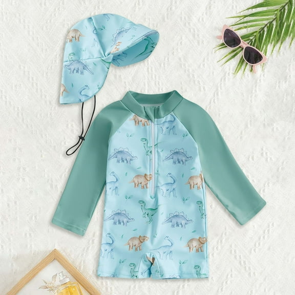 Boys' Dinosaur Animal Print Hat And Long Sleeved One Piece Swimsuit 2 Piece Set Light Green 2 Y-3 Y