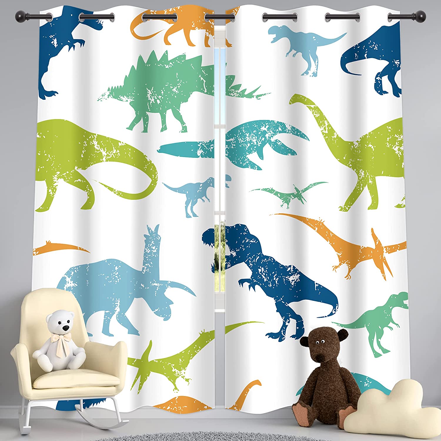 Boys Dinosaur Blackout Curtains Grommet 2 Panels Kids Colorful Cartoon