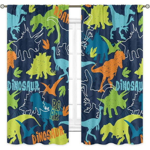 Boys Dinosaur Curtains Rod Pocket Colorful Cartoon Dino for Kids Funny Animals Child Dark Blue Cute Safari Wildlife Art Printed Living Room Bedroom Window Drapes Fabric 2 Panels 42Wx63H Inch