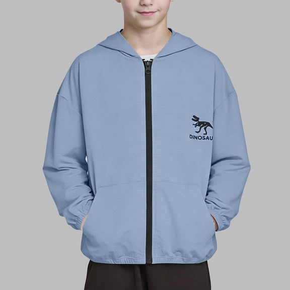 Boys Dinosaur Jacket Lightweight Windbreaker, Zip Up Hoodie Play Jacket for Kids Boys 4-15 Years, Blue,Size 4-5 T