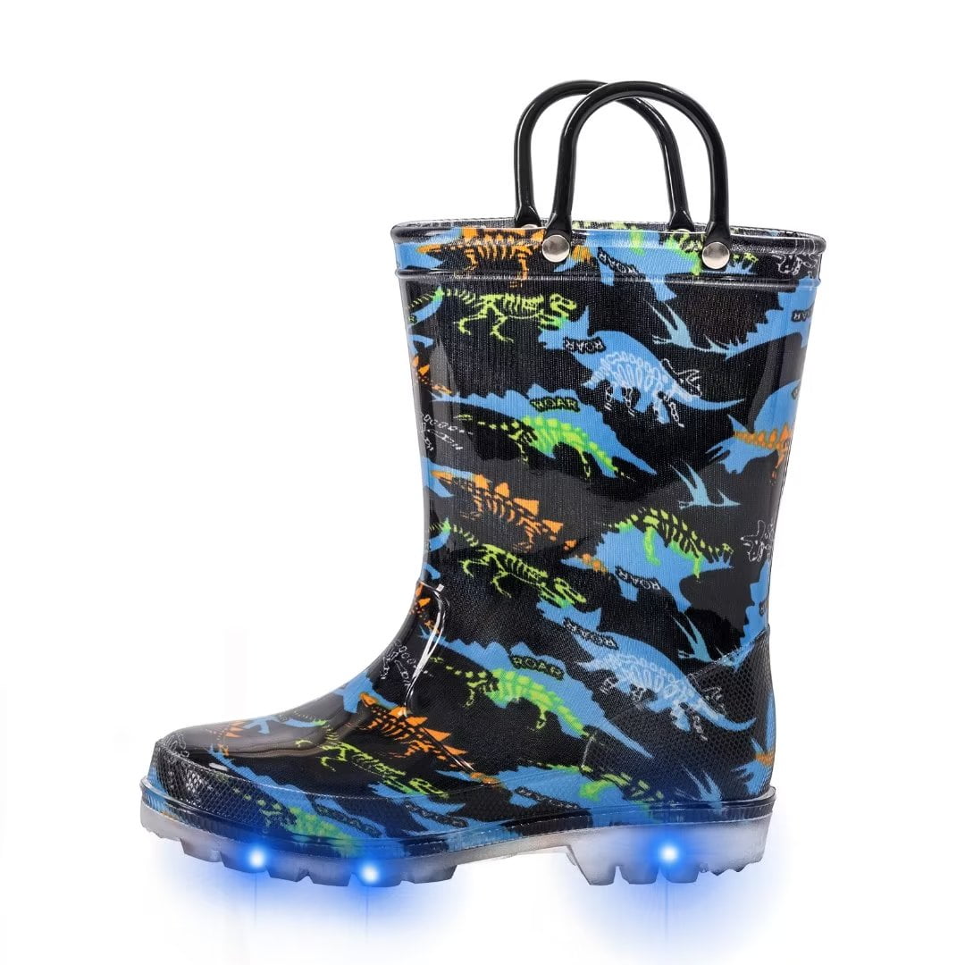 Funcoo Plus Boys Dinosaur Light Up Rain Boots, Toddler Kids Waterproof