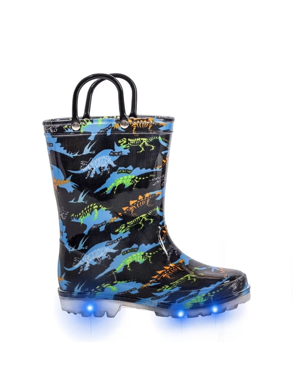 Boys Rain Boots Toddler Kids Light Up Waterproof Boots with Handles, Dinosaur, Size 11