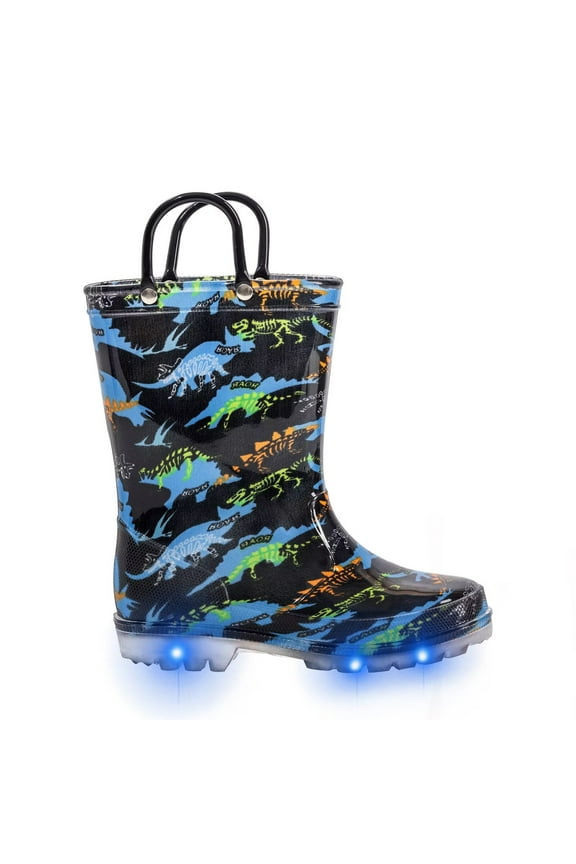 Boys Rain Boots Toddler Kids Light Up Waterproof Boots with Handles, Dinosaur, Size 13