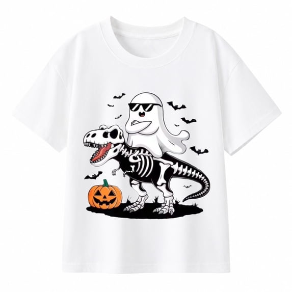 Boys Dinosaur Skeleton with Pumpkin Halloween T-Shirt, Spooky Graphic Short Sleeve Shirt for Fall and Seasonal Wear