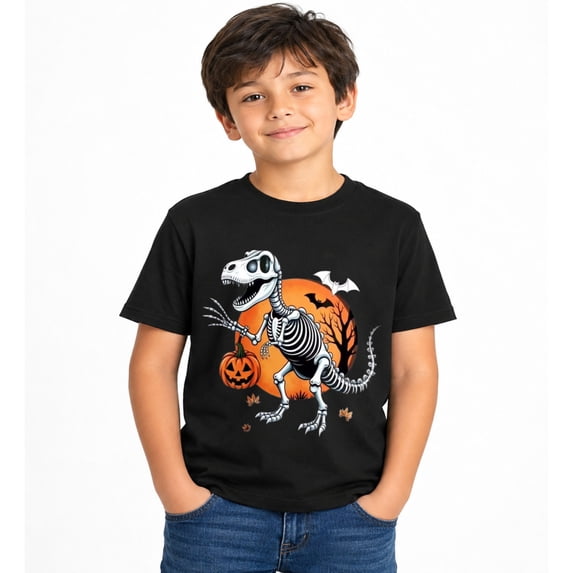 Boys Dinosaur Skeleton with Pumpkin Halloween T-Shirt, Spooky Graphic Short Sleeve Shirt for Fall and Seasonal Wear