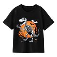 thumbnail image 1 of Boys Dinosaur Skeleton with Pumpkin Halloween T-Shirt, Spooky Graphic Short Sleeve Shirt for Fall and Seasonal Wear, 1 of 5