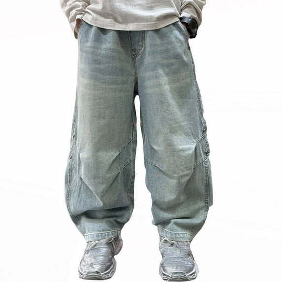 Boys' Distressed Denim Jeans Straight Leg Baggy Pants With Elastic Waist And Functional Pockets For Comfortable Casual Wear