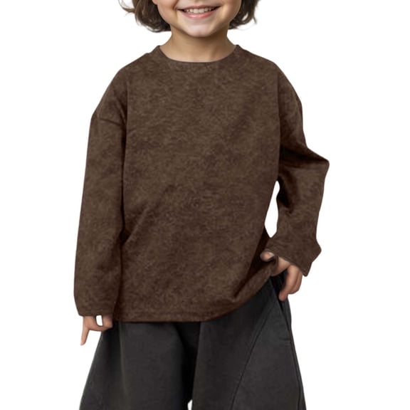 Boys Distressed Stir Flower Print Crewneck Long Sleeve Tee Versatile Basic Top for Casual Wear,Color:Coffee,6-7Years