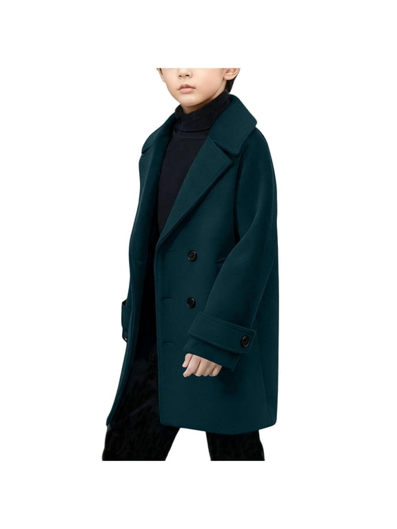 Boys Double Breasted Peacoat Notched Lapel Collar Wool Blend Long Coat Windbreaker Warm Dress Coat with Pockets