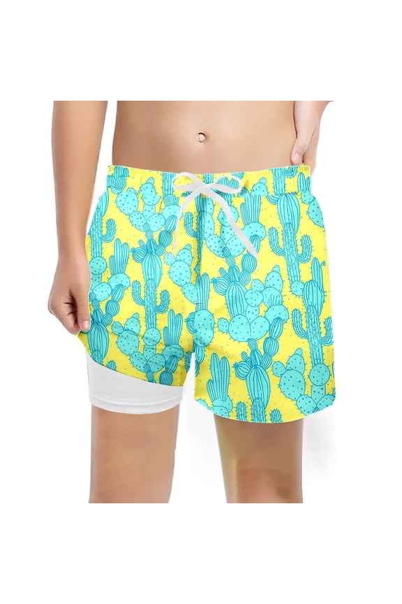 Boys Double Deck Swim Trunks Drawstring Comfort Loose Casual Shorts Trendy Print Size 7-8Y