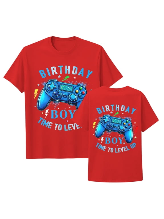 Boys Double Sided Game Controller Birthday Print T-Shirt Kids Crewneck "Time To Level Up" Gamer Graphic Tee for Daily Vacation Party Wear(Red,8-9 Years)