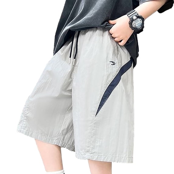 Boys Drawstring Capri Sports Shorts, Stripe Patchwork Loose‑Fit 7/8 Length Casual Pants, Thin Trendy Summer Trousers for Big Kids 6‑16 Years Old