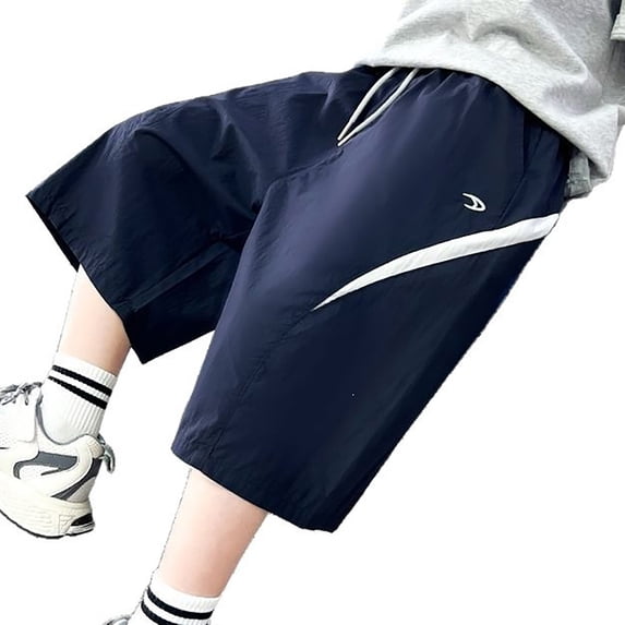 Boys Drawstring Capri Sports Shorts, Stripe Patchwork Loose‑Fit 7/8 Length Casual Pants, Thin Trendy Summer Trousers for Big Kids 6‑16 Years Old