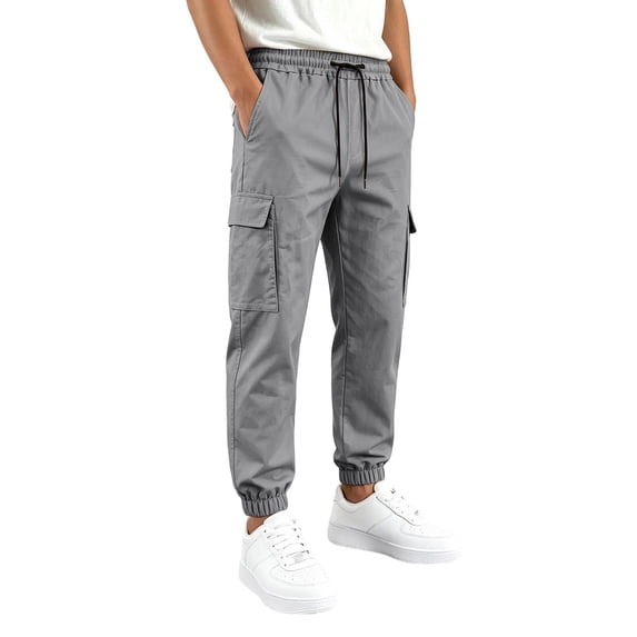 Boys Drawstring Elastic Cargo Jogger Pants, Multi Pocket Casual Uniform Pants, Elastic Waist Long Trousers for Kids Daily School Wear, 5-16 Years