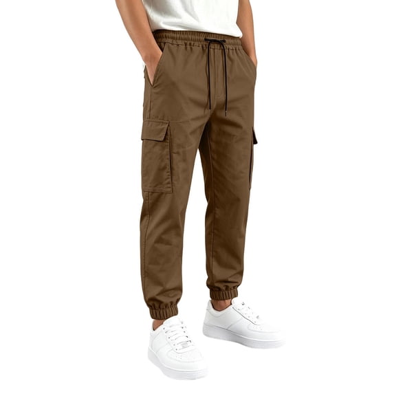 Boys Drawstring Elastic Cargo Jogger Pants, Multi Pocket Casual Uniform Pants, Elastic Waist Long Trousers for Kids Daily School Wear, 5-16 Years