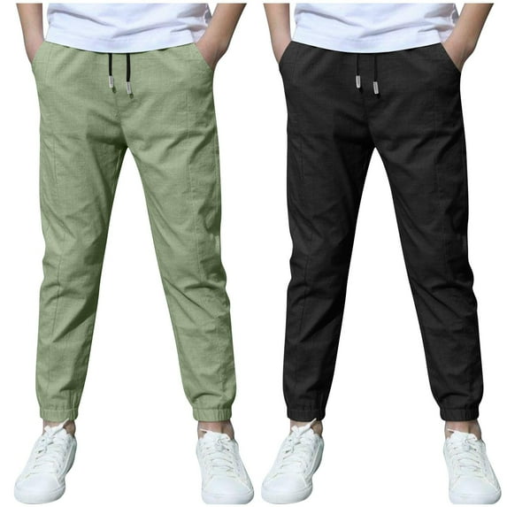 Boys Drawstring Jogger Pants 2pc Cotton Linen Loose Casual Lightweight Drawstring Sweatpants with Pockets Chino Pants for Lady Navy 7Y