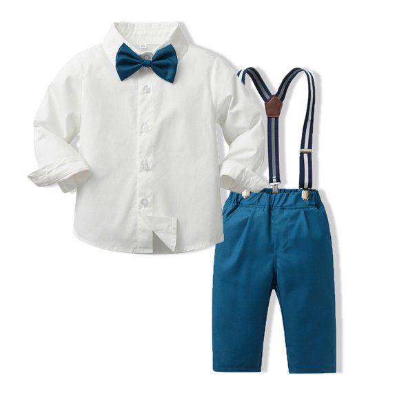 Boys Dress Clothes Dress Shirt with Bowtie Suspender Pants 3 Pieces Formal Clothes Sets First Birthday Boy Outfit for Boys 4-5 Years
