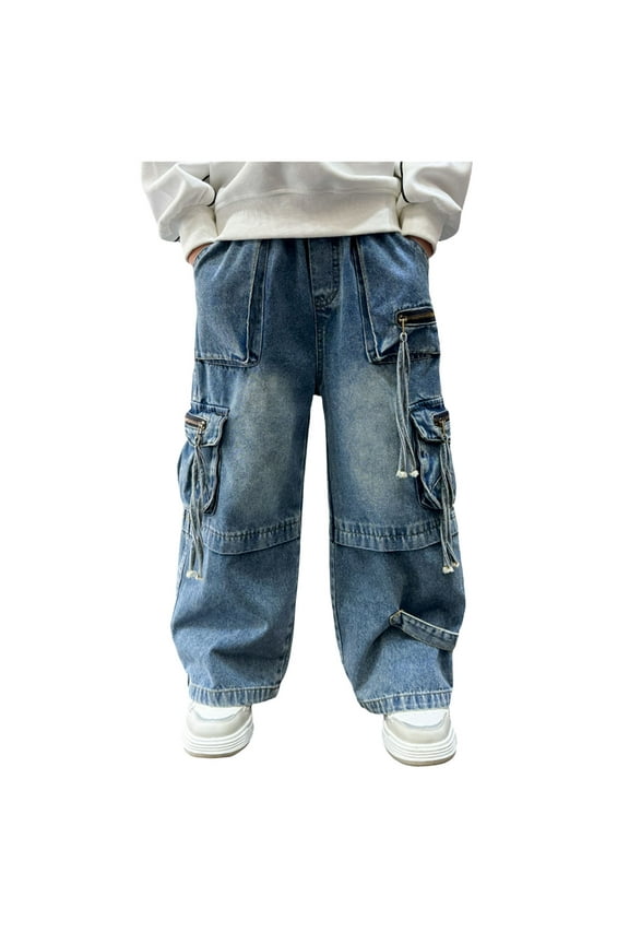 Boys Dress Pants Size 14-16 Boys Jeans Casual Baggy Wide Leg Drawstring Cargo Denim Pants Elastic Waistband Loose Fit Spring Lightweight Trousers