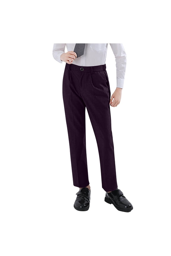 Boys Dress Pants Teens Straight Leg School Uniform Pants Stretch Comfortable Flat Front Pull on Trousers with Pockets Purple 10-11Y
