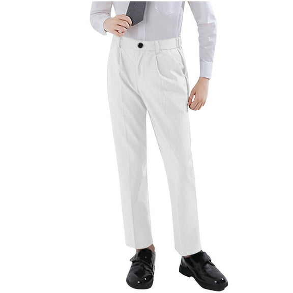 Boys Dress Pants Teens Straight Leg School Uniform Pants Stretch Comfortable Flat Front Pull on Trousers with Pockets White 10-11Y