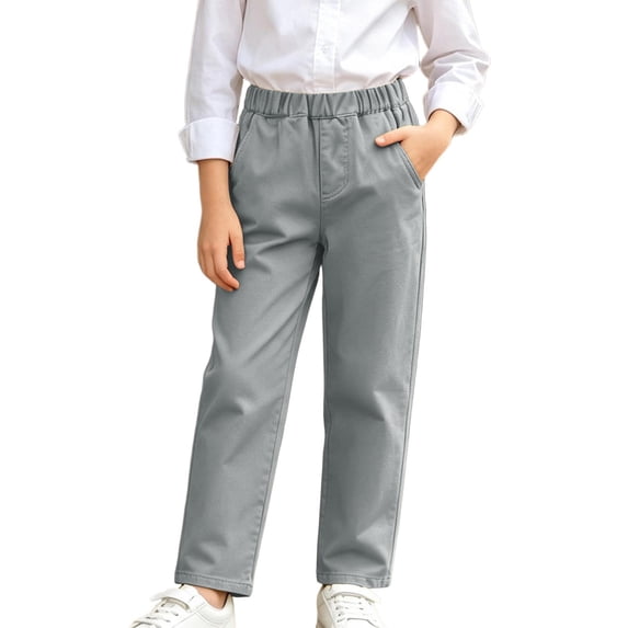 Boys Dress Pants with Pockets Elastic Waist Casual Straight Leg Regular Fit Kids Chino Pants School Uniforms Gray 6