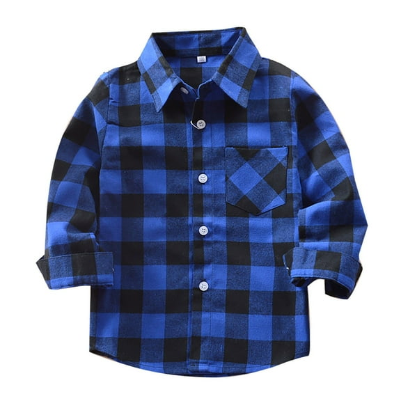 Boys Dress Shirt Baby Boy Button Down Shirt Toddler Boys' Girls' Flannel Plaid Shirt Button Down Long Sleeve Jacket Lapel Shacket Coat Tops Casual Outwear Blue 5-6 Years